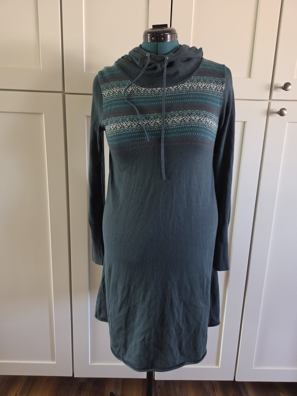 Teal Hooded Knit Dress with Fair Isle Detail - Picture 2 of 8